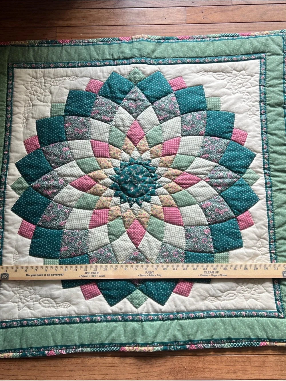 Floral Patchwork Cotton Quilt in Teal, Pink, and Cream wall hanger